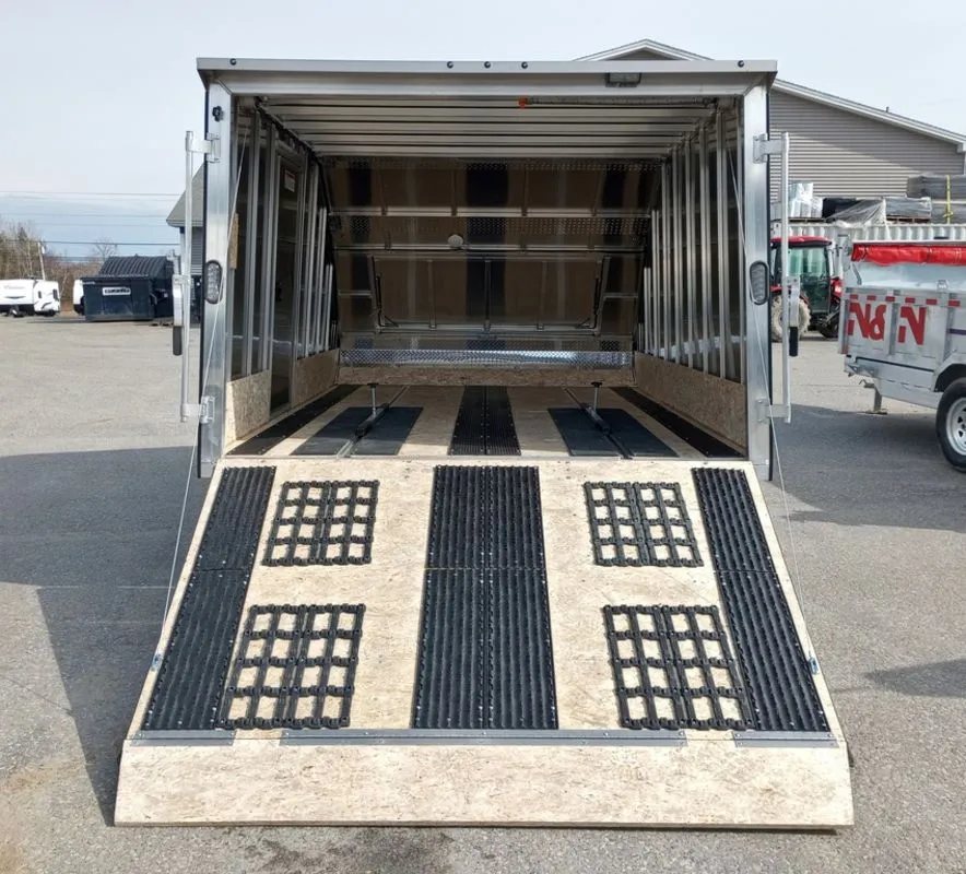 Mission Trailers Aluminum Crossover – Rear Canopy – Straight-on view of the open rear ramp door looking into the trailer