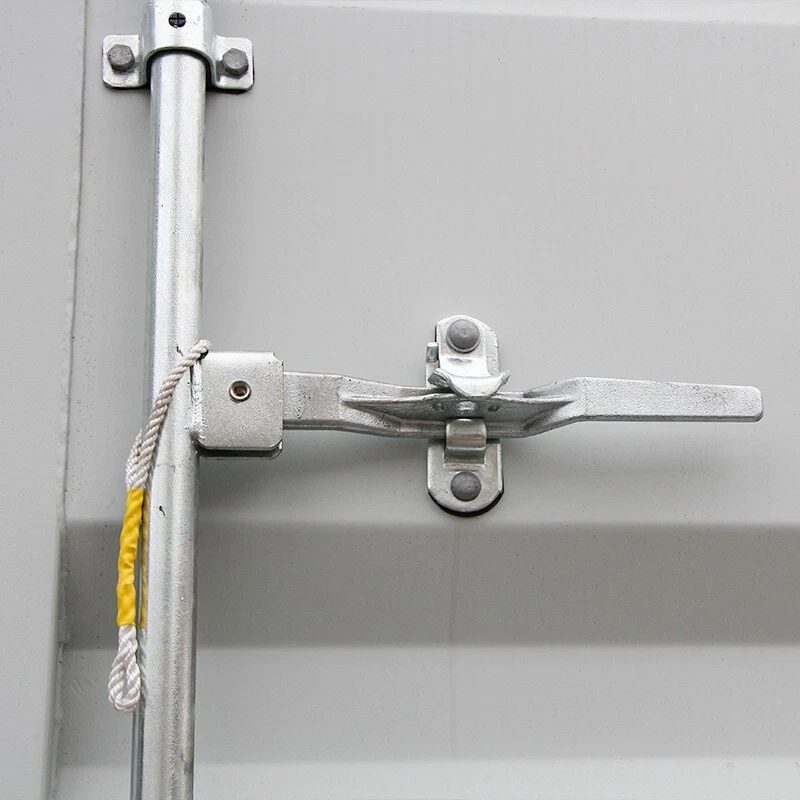 40ft High Cube Shipping Container – 4 Side Doors + End Access – close-up of container door locking handle and vertical bar