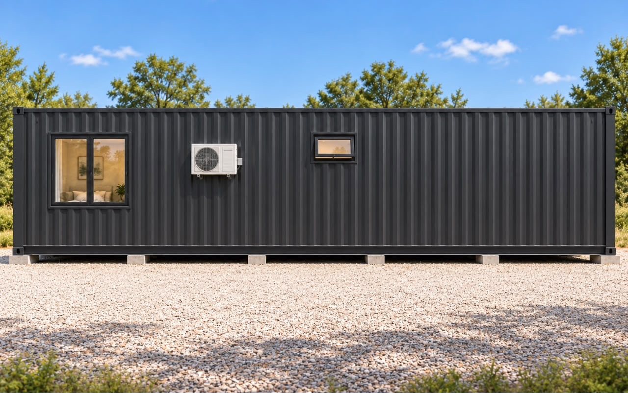 40ft Charcoal Haven Container Home – 1 Bedroom, Galley Kitchen – Secondary long-side elevation with high-level window and condenser