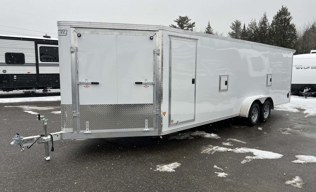 2024 E-Z Hauler 24 ft Trailer – Rear Canopy – Three-quarter front view of a white enclosed trailer with a V-nose and side door