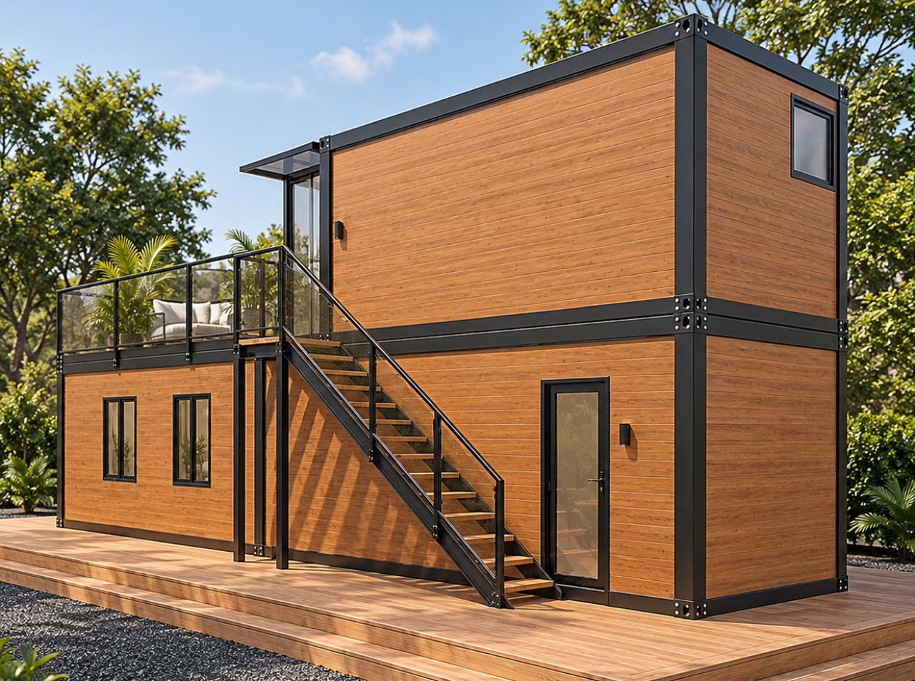 Two-Story Container Home – 1 Bedroom, 2 Baths, Rooftop Deck – Stair-side exterior view showing the two levels and upper deck access