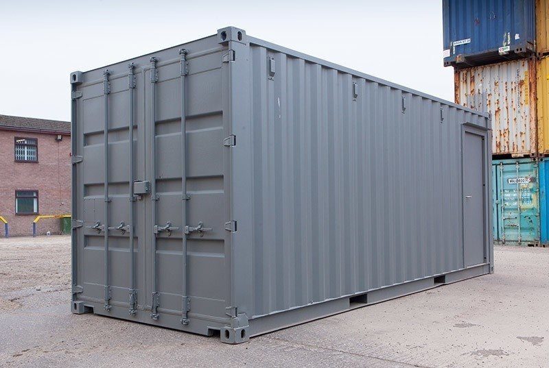 20ft Steel Office Container – Open Workspace Shell – three-quarter exterior view with closed cargo doors and side entry