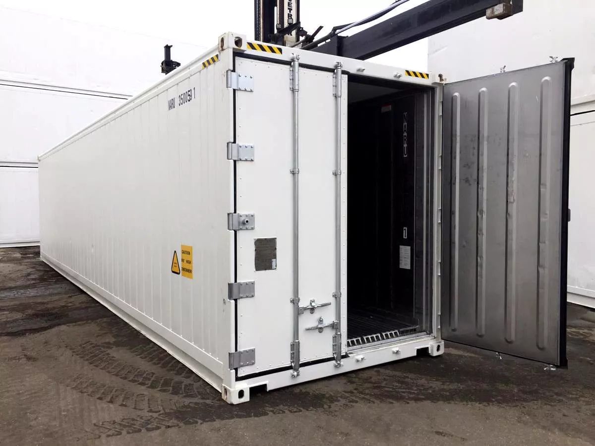 40ft High Cube Reefer Container – Deep-Freeze Cold Storage – three-quarter exterior view of refrigerated container with one door open