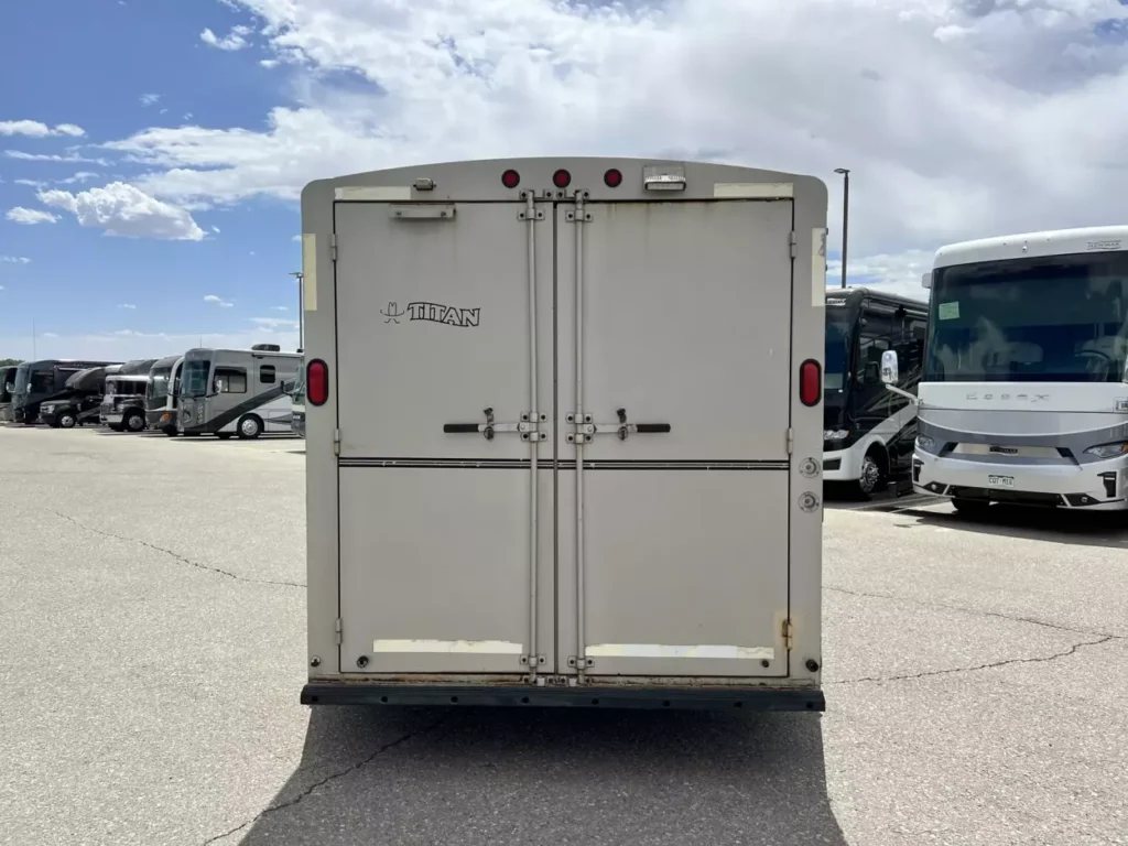 2001 Titan 3 Horse Gooseneck Trailer – Steel, Dressing Room – Rear view of the closed double doors of the horse trailer