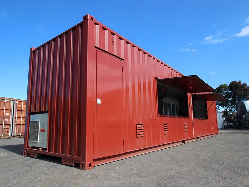 Shipping Container Kitchen – Insulated, Lockable – Red shipping container conversion with open hatches and side ventilation