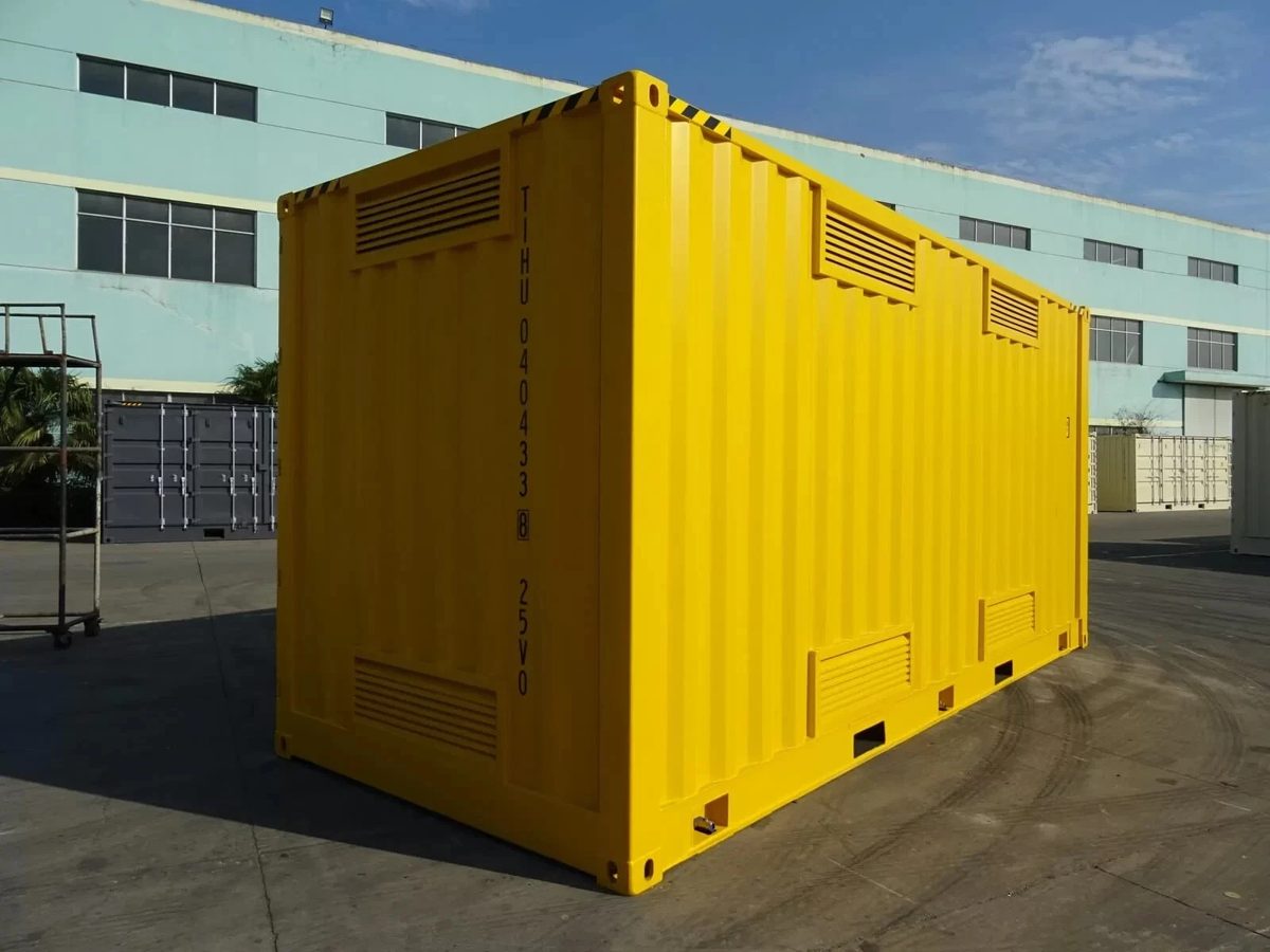 20ft Dangerous Goods Container – Bunded Floor and Ventilation – three-quarter exterior view of yellow container with ventilation grilles