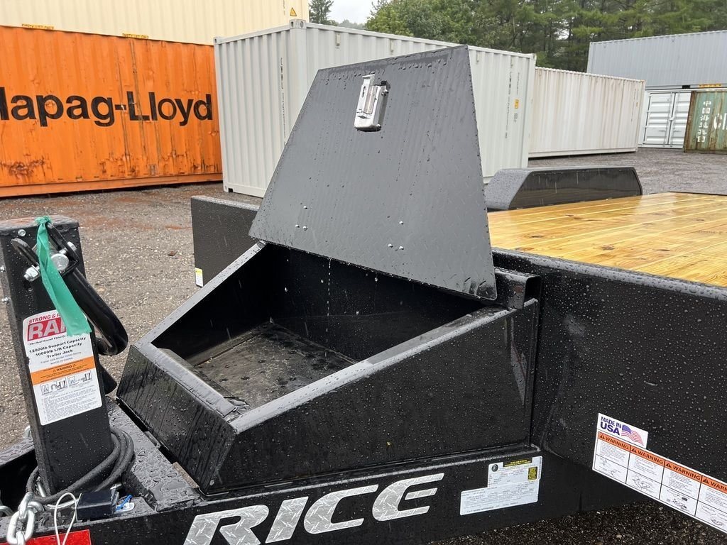 2024 Rice Trailers 16 ft Equipment Trailer – Toolbox – Open black metal toolbox mounted on the tongue of the trailer