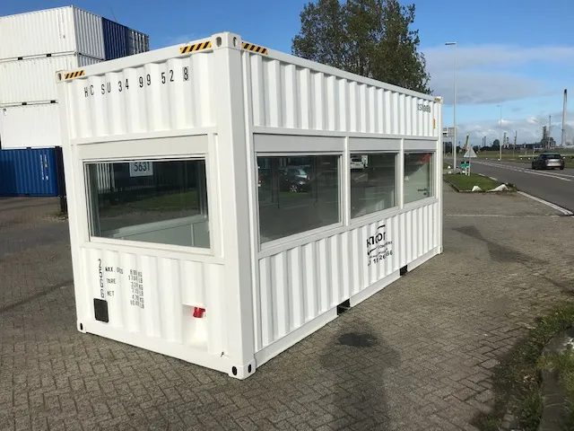 20ft High Cube Observation Office – Shuttered Windows – three-quarter exterior view of white container with large observation windows (2)