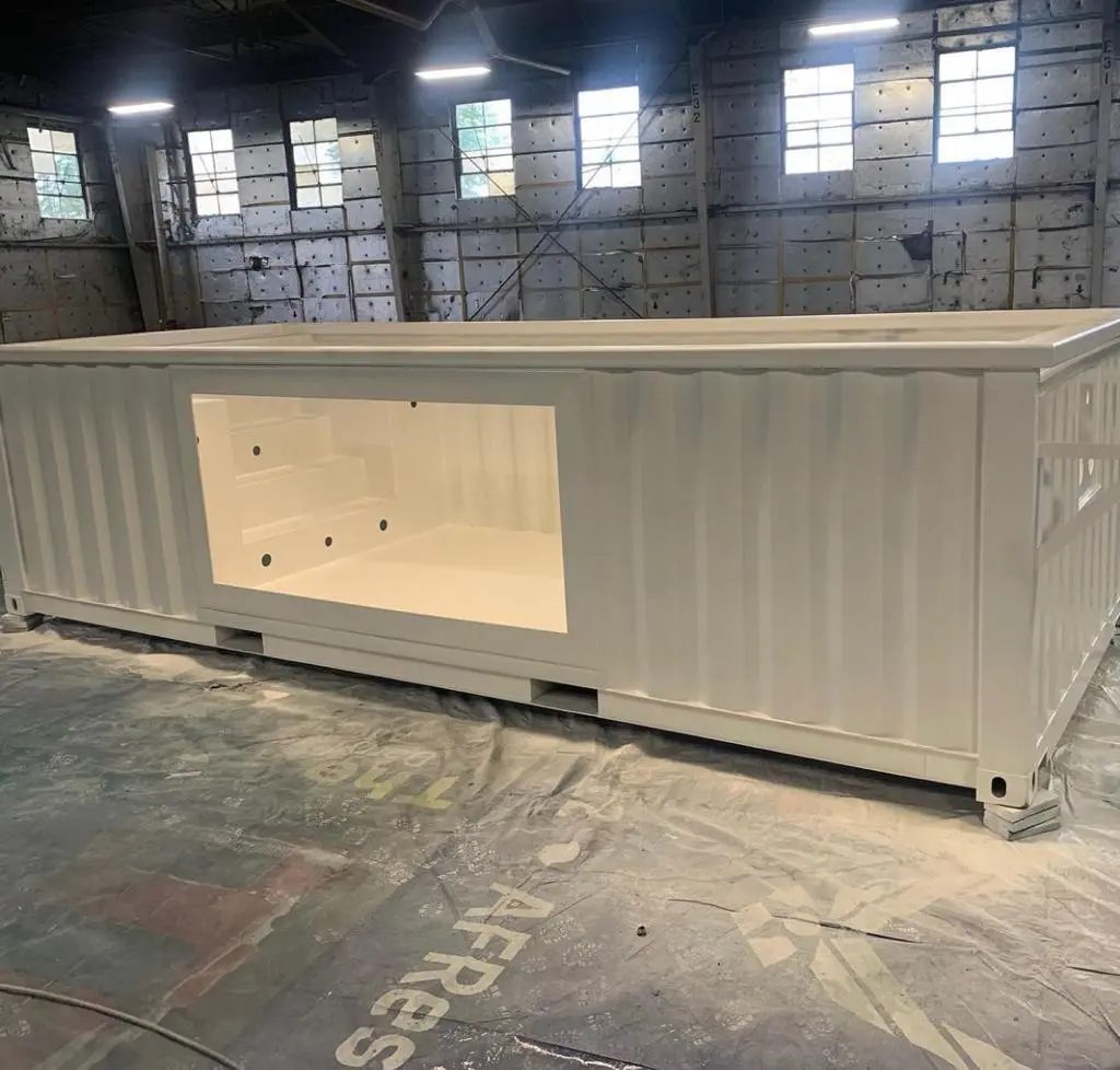 30ft Custom Container Pool – Configurable Finishes – white container pool with viewing window and interior steps