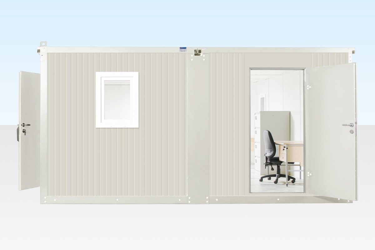 21.3 ft Flat-Pack Office – Side-Linked, White – Straight-on exterior view of white container office with open doors and visible interior desk