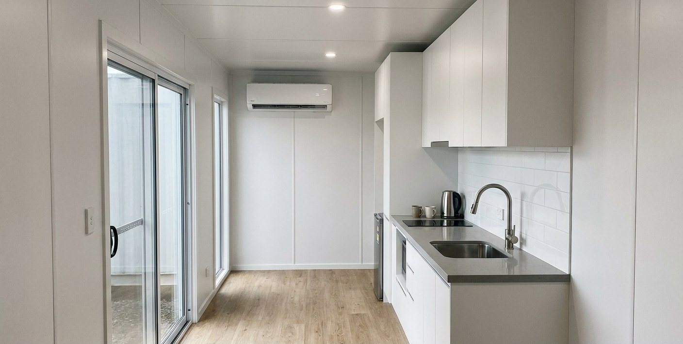 40ft Prefab Container Home – Loft & Covered Deck – Modern kitchenette
