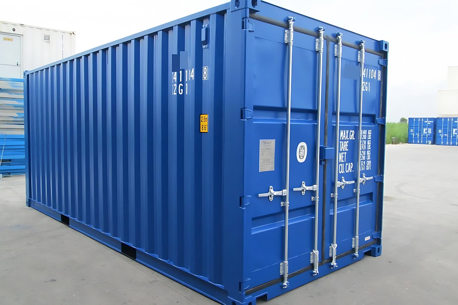20ft Tunnel Shipping Container – Double-End Doors – three-quarter exterior view of blue container with cargo doors closed