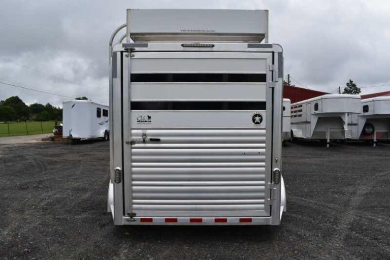 2012 CM 3 Horse Bumper Pull Trailer – Aluminum, Hayrack – Rear view of the trailer showing the closed full-width single gate