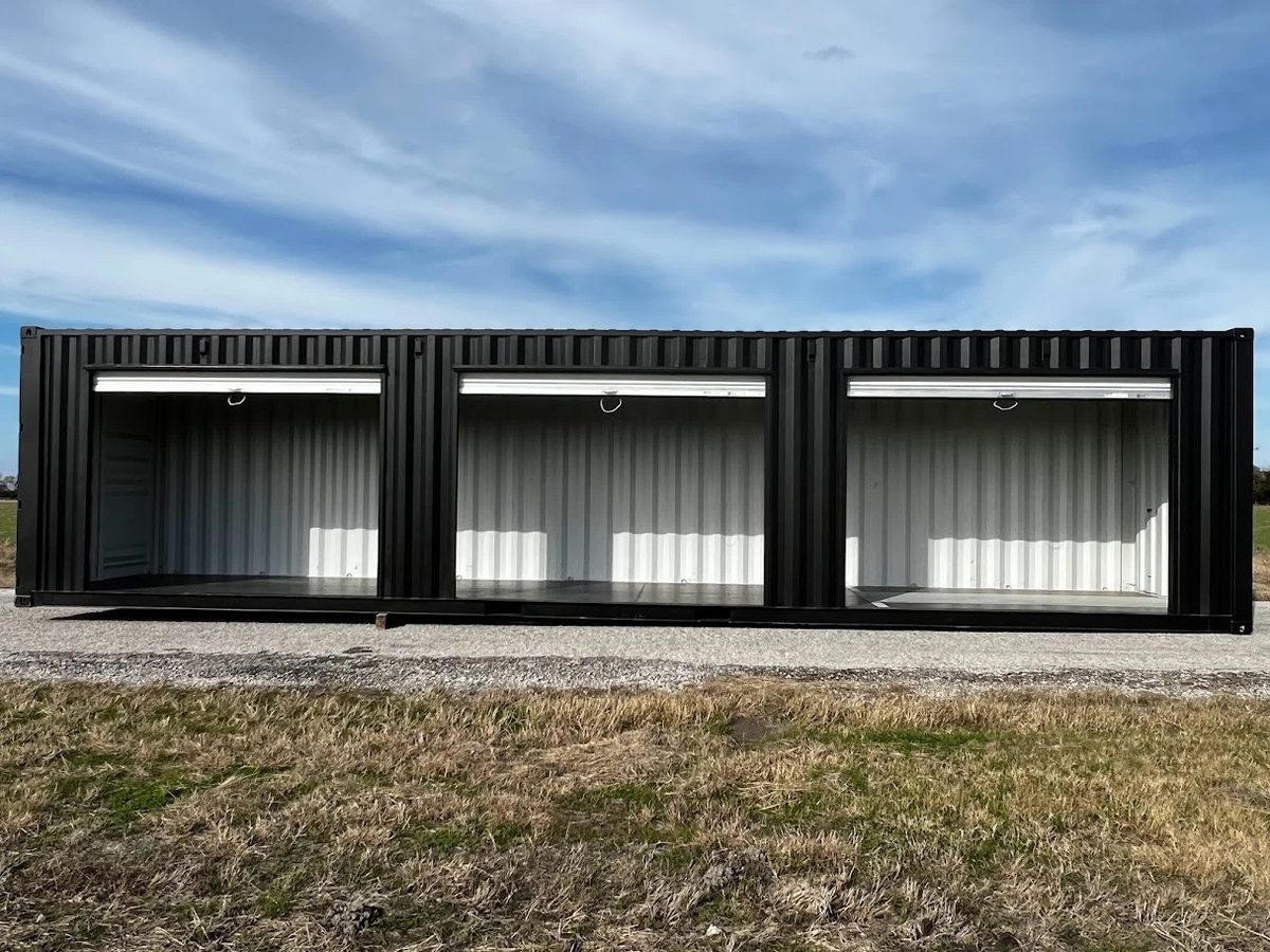 40ft Modified Shipping Container – Three Roll-Up Side Doors – black shipping container with three open side roll-up doors