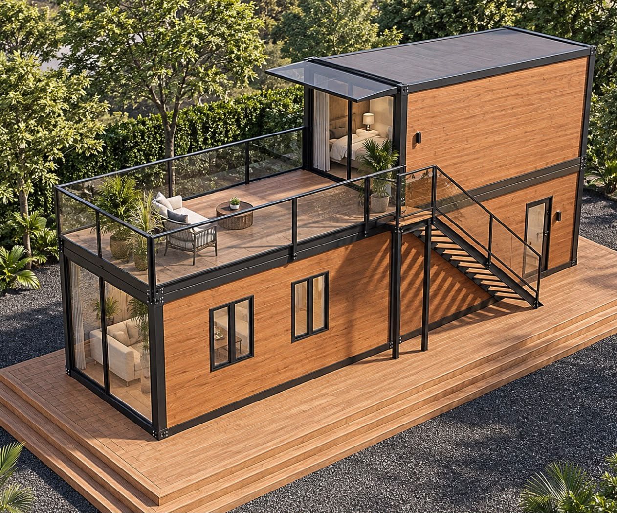 Two-Story Container Home – 1 Bedroom, 2 Baths, Rooftop Deck – Elevated exterior view showing the rooftop deck and exterior staircase