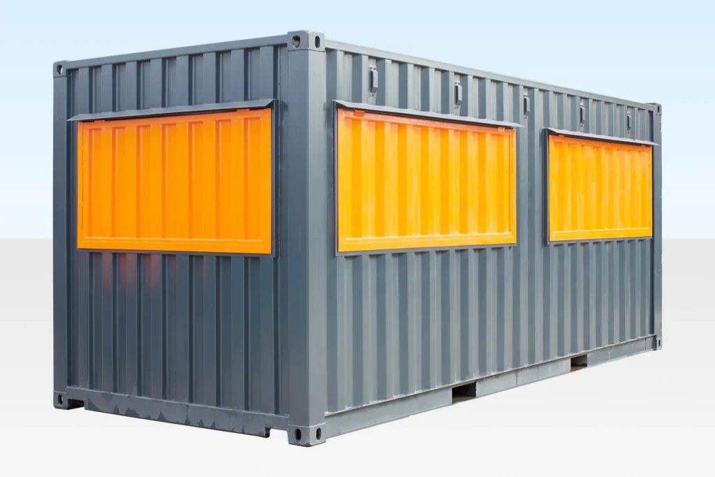 20ft Custom Container Café – Configurable Food Service Layout – three-quarter exterior of container café with closed orange serving shutters