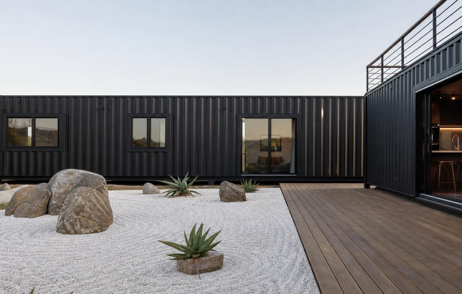 10-Module Container Home – The Ultimate, 3-Bedroom Courtyard – A tranquil courtyard featuring a raked stone zen garden and premium wooden decking connects the multiple 40ft container modules