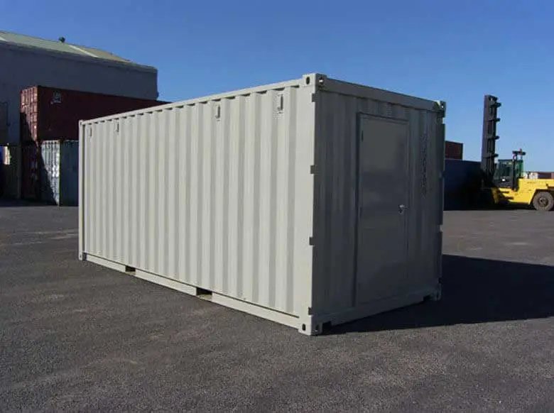 20 ft Container Change Room – Gray – Three-quarter exterior view of the portable change room showing the entrance door side
