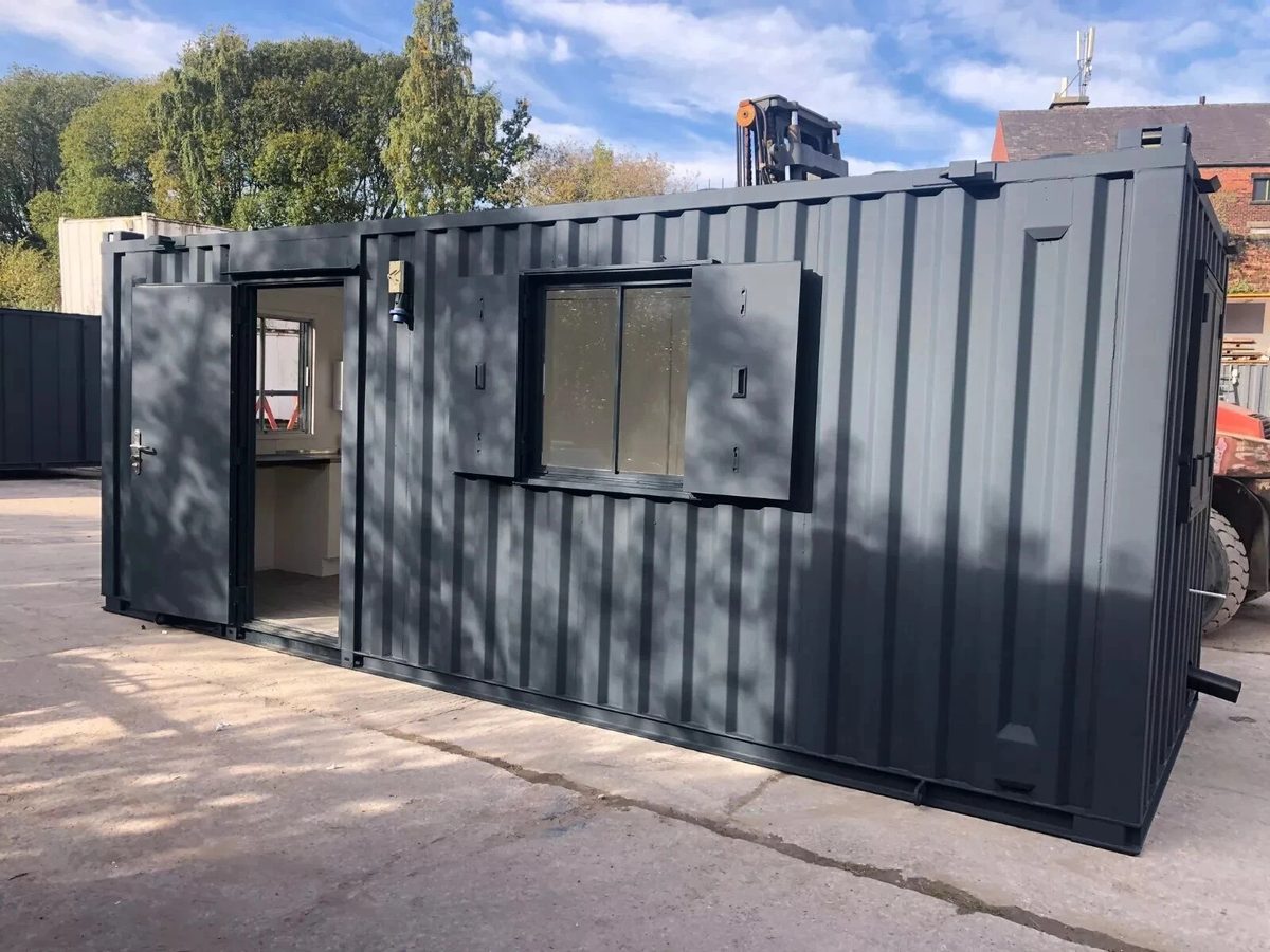 20ft Refurbished Office Container – Kitchenette & Security Shutters – Grey office container with open entrance and window shutters