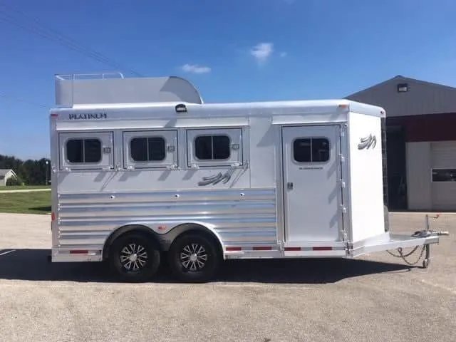 2018 Platinum Coach 3 Horse Bumper Pull – Rear Tack – Wide side angle of the horse trailer parked on a paved lot