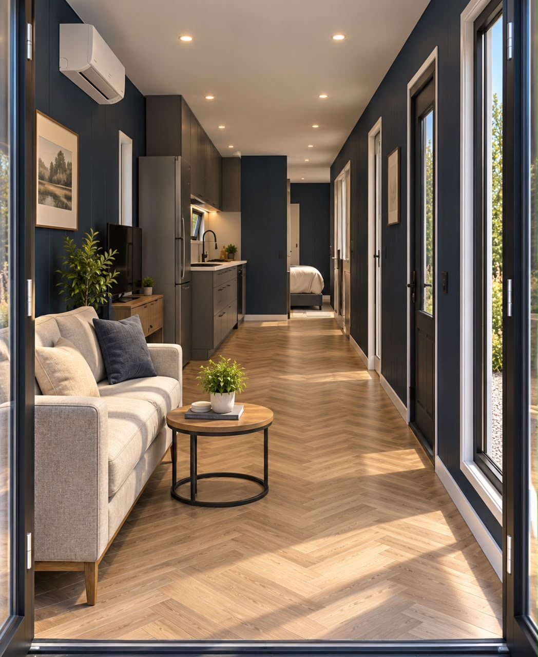 40ft Charcoal Haven Container Home – 1 Bedroom, Galley Kitchen – Lounge looking through the galley kitchen toward the rear bedroom