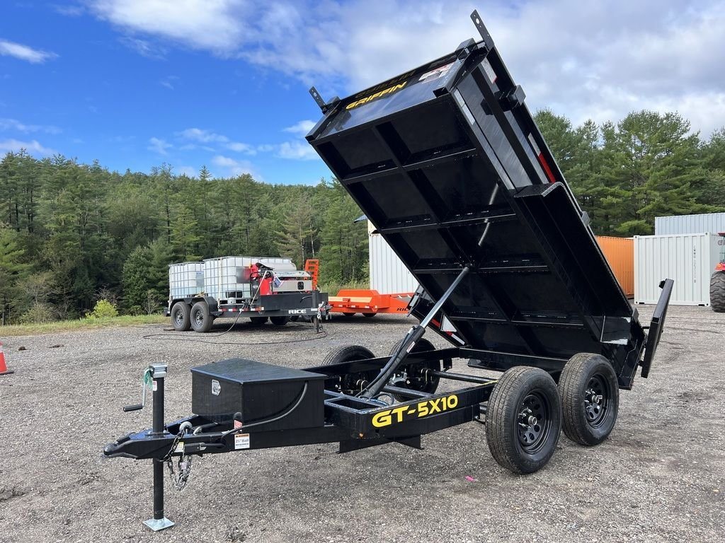 2024 Griffin Trailers 10 ft Dump – Barn Door Gate – Front three-quarter view of the dump trailer with the bed fully raised