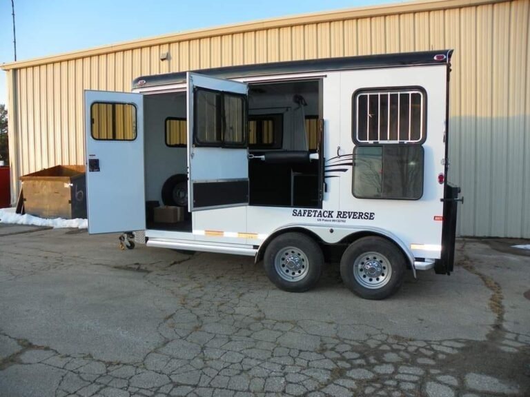 2022 Double D 2 Horse Bumper Pull – Reverse Slant – Side profile of horse trailer with passenger side access doors open