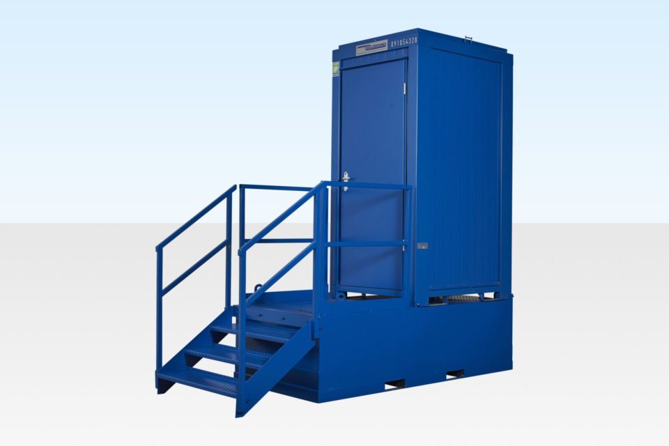 Single Mains Toilet Waste Tank – Blue Steel – Blue portable toilet unit mounted on a waste tank with metal stairs and handrail