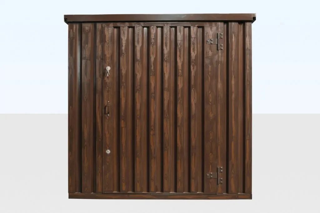 2m Flat Pack Steel Storage Container – Wood-Effect Finish – front view of wood-effect storage container with closed door