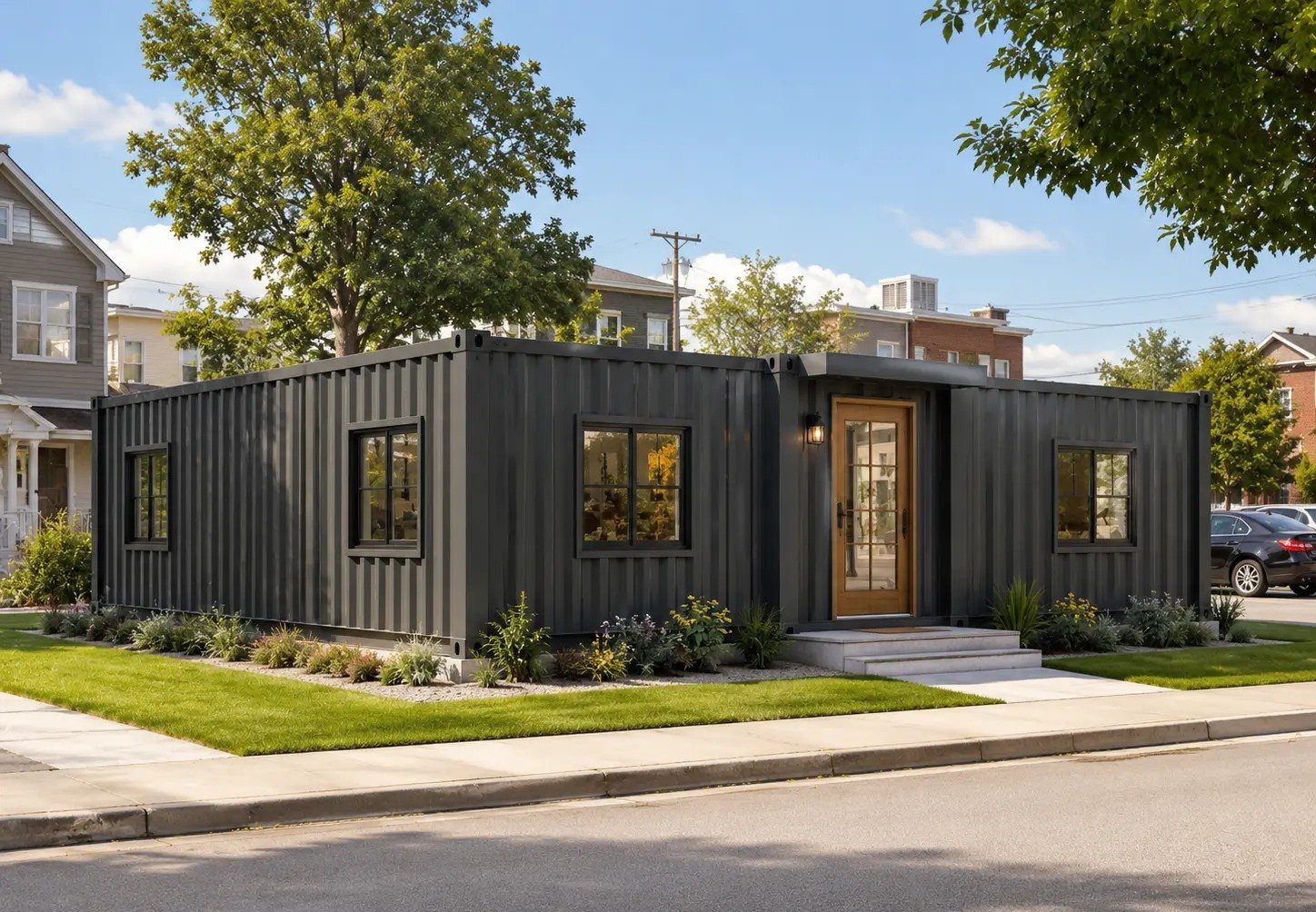 40ft Foldable Home – 3 Bedrooms, Glazed Front – A modern 40ft luxury container home featuring a matte black finish, wood-trimmed entryway, and landscaped garden beds