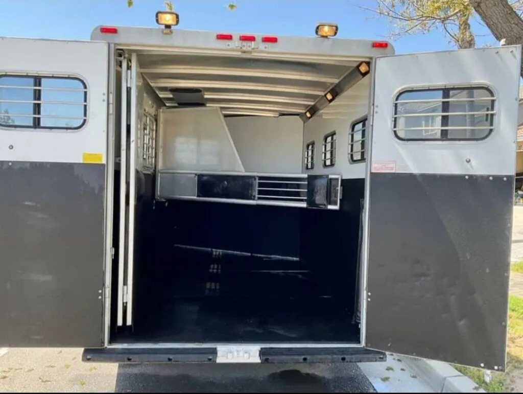 1999 Sundowner 3 Horse Trailer – Removable Rear Tack – Interior of the horse trailer with a single padded divider partially closed