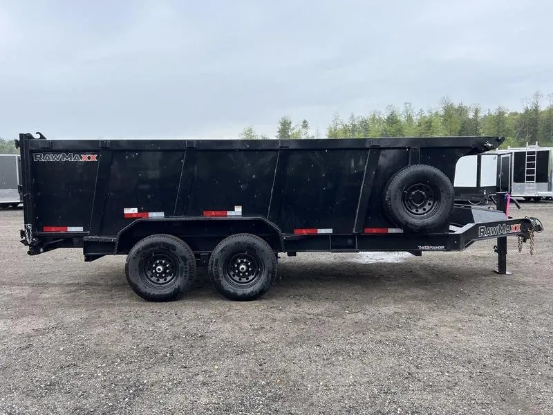 2024 RawMaxx 16 ft Dump Trailer – Tarp Kit – Direct profile view of the right side of the trailer