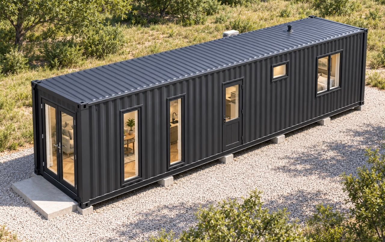 40ft Charcoal Haven Container Home – 1 Bedroom, Galley Kitchen – Elevated exterior showing the corrugated roof and primary facade