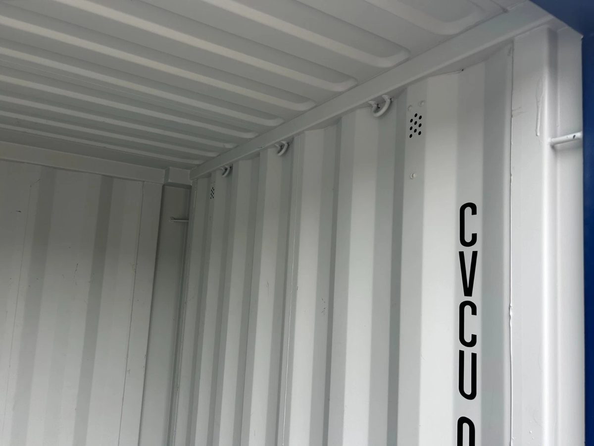 10ft New Shipping Container – Double Cargo Doors – empty container interior showing corrugated walls and ceiling