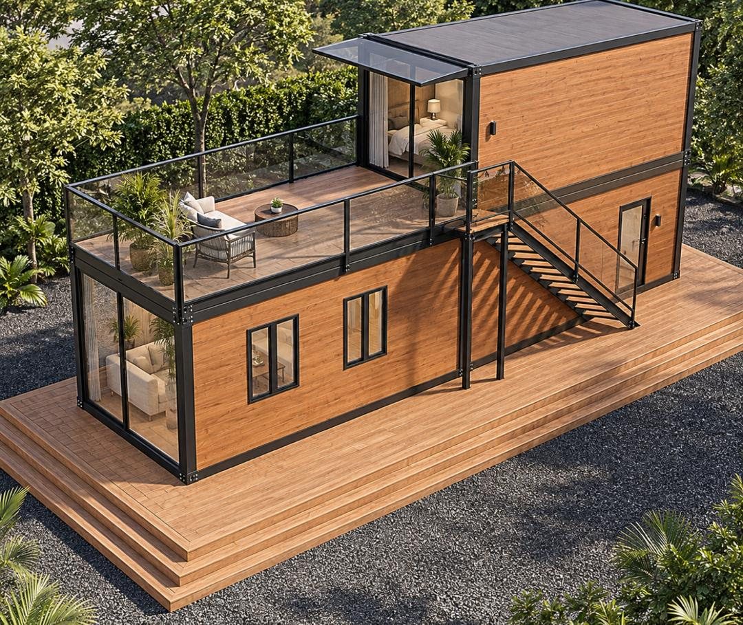 Two-Story Container Home – 1 Bedroom, 2 Baths, Rooftop Deck – Additional elevated view showing the deck seating and lower glazed entry — furniture and appliances shown for illustration only; not included