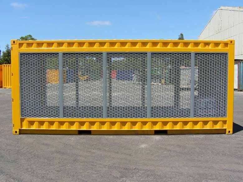 20 ft Gas Cylinder Storage Container – Yellow – Side profile of a yellow gas cylinder storage container with mesh ventilation panels