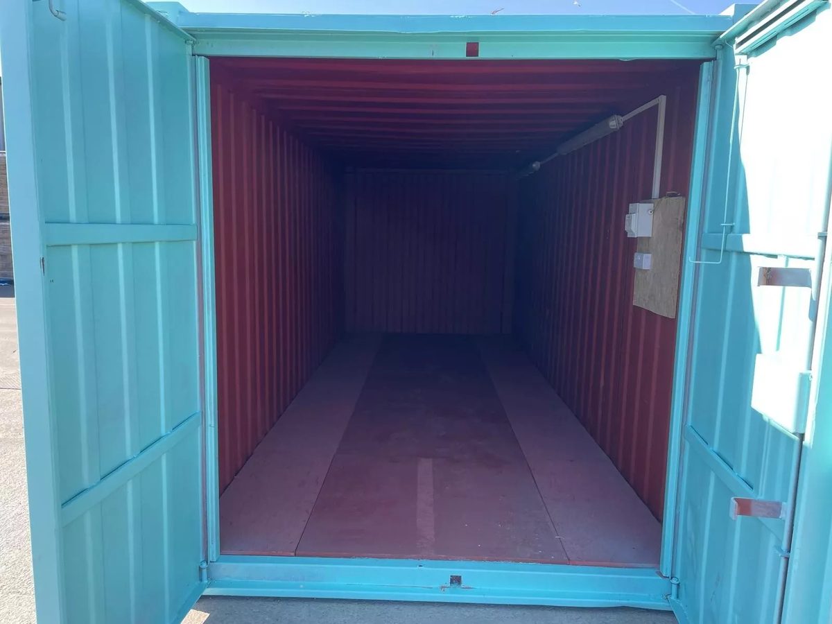 20ft Refurbished Storage Container – Anti-Vandal Doors – empty storage container through open doors with electrical fittings