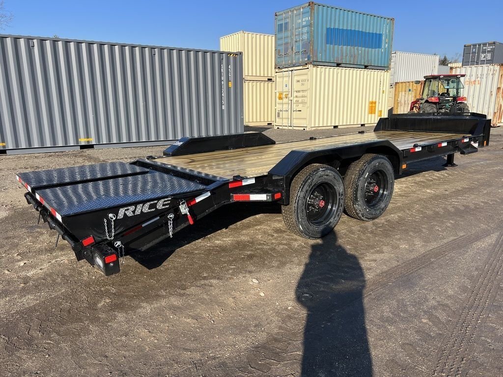 2024 Rice Trailers 18 ft Equipment Trailer – Hydraulic Jack – Rear three-quarter view of the trailer with ramps folded up