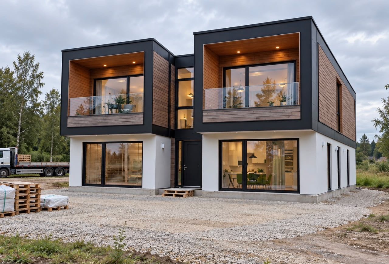 Four-Module Container Home – 3 Bedrooms, 2 Stories – Finished kitchen concept with island, integrated appliances, and storage — furniture and appliances shown for illustration only; not included
