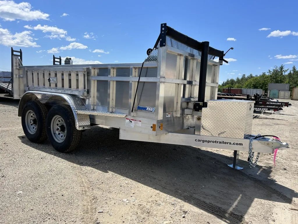 2024 Cargo Pro 12 ft Dump Trailer – Aluminum – Front three-quarter angle showing the manufacturer logo on the frame