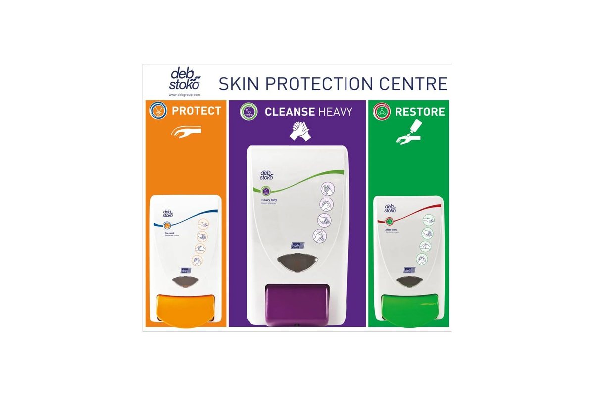 Deb Stoko Small Skin Protection Center – Three-Step Board – A wall mounted skin protection centre with three soap and cream dispensers