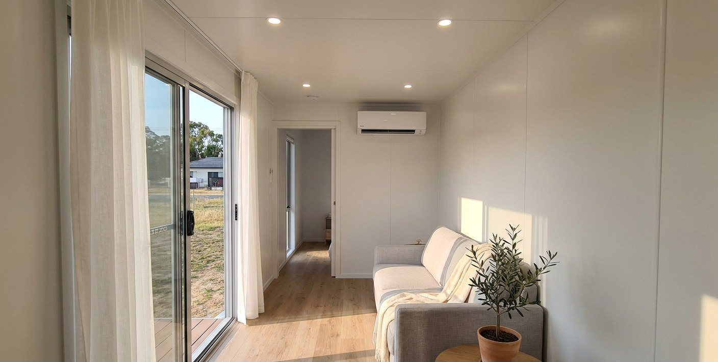 40ft Prefab Container Home – Loft & Covered Deck – Open-plan living area