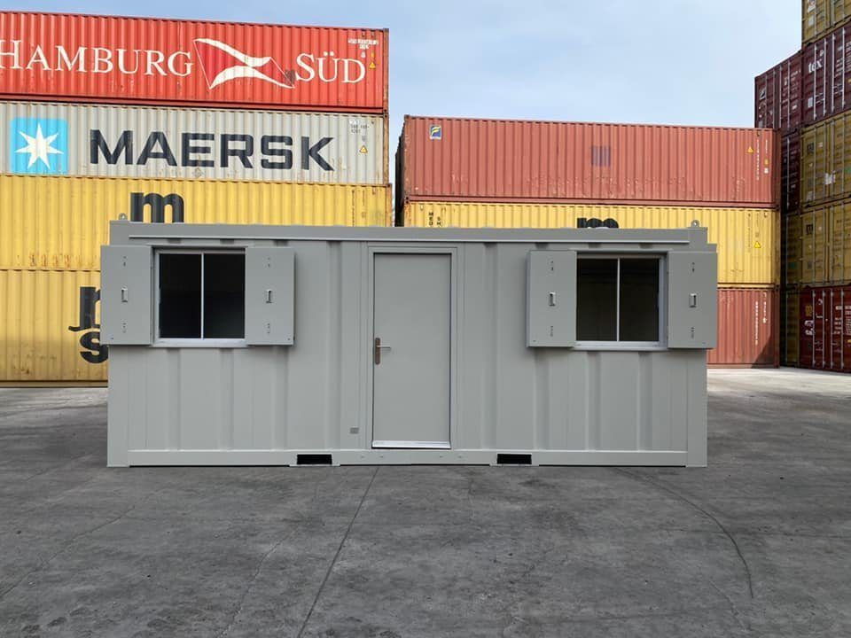 20ft Open-Plan Office Container – Flexible Workspace – front exterior of office container with door and shuttered windows