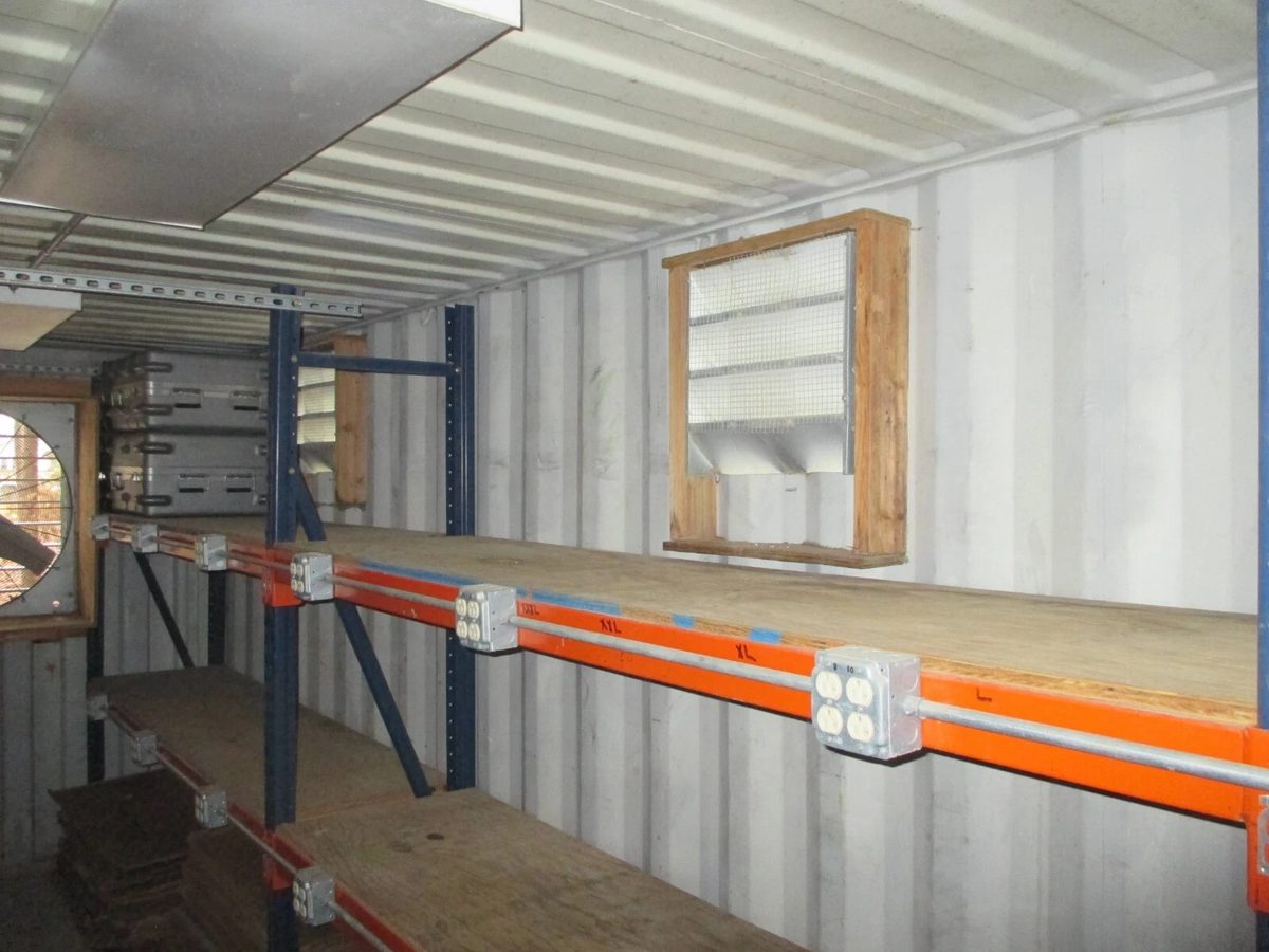 40ft High Cube Container Office – Storage Racking, Side Access – container workshop interior with storage racking, outlets and ventilation
