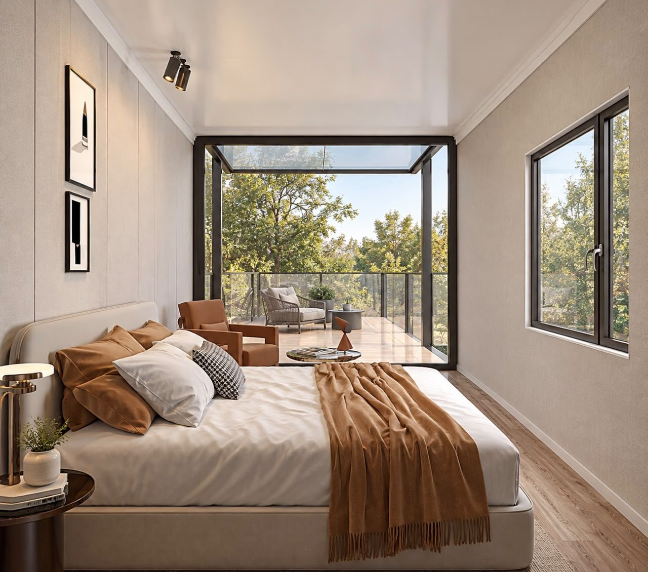 Two-Story Container Home – 1 Bedroom, 2 Baths, Rooftop Deck – Bedroom interior showing the bed, side window and glazed doors overlooking the terrace — furniture and appliances shown for illustration only; not included