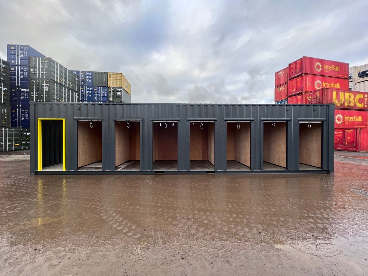 40ft High Cube Storage Container – Seven Lockable Bays – front exterior of storage container with seven open bays