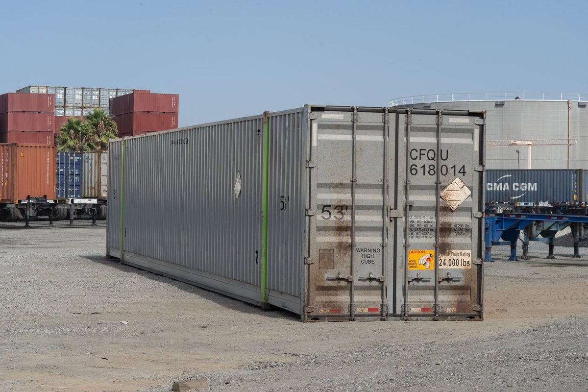 53ft High Cube Shipping Container – Used, Cargo Worthy – three-quarter exterior view of weathered container with cargo doors closed