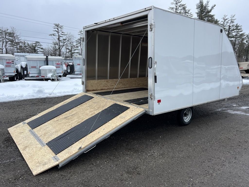 2022 High Country 12 ft Hybrid Trailer – Track Mats – Rear view of the trailer with the ramp door open showing track mats