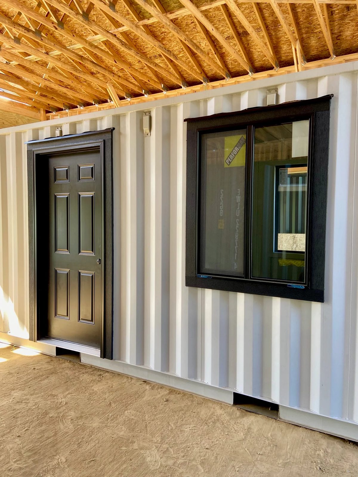 20ft Modular Container Office – LED Lighting, Two Windows – white container office with black entrance door and window