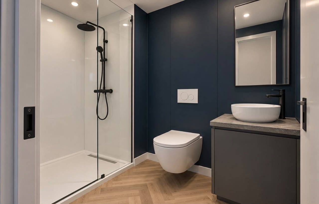 40ft Charcoal Haven Container Home – 1 Bedroom, Galley Kitchen – Bathroom with glazed shower, wall-hung toilet and vessel basin